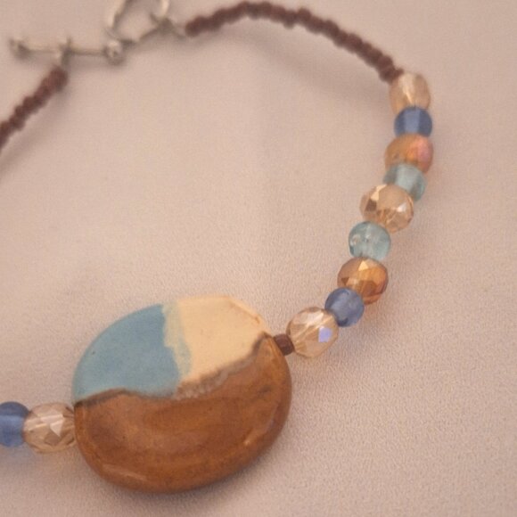 Artisan Beaded Kazuri Ceramic Bead and Blue Brown Glass Crystal Bracelet - Picture 3 of 6